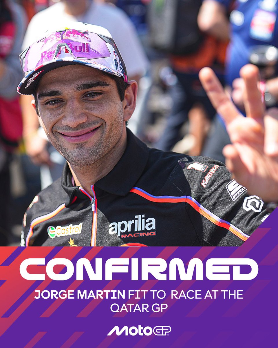 TheGoodFindz's tweet photo. Great news for MotoGP fans! Reigning world champion Jorge Martin has been medically cleared to race in this weekend's Qatar Grand Prix. After missing the first three rounds due to pre-season injuries, Martin is set to make his season debut with Aprilia Racing. He acknowledges the challenge ahead, stating that simply finishing the race would be a significant achievement in his recovery journey. #MotoGP #QatarGP #JorgeMartin #ApriliaRacing