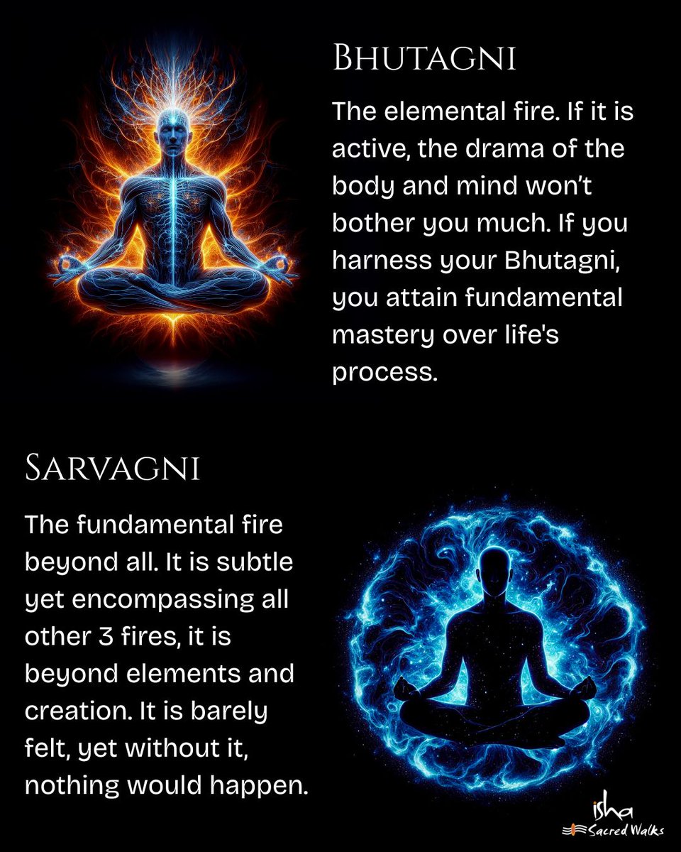 A Yogi seeking the essence of life does not focus on Jatharagni, Chitagni, or Bhutagni. 
He focuses only on Sarvagni, the ultimate fire that encompasses all.

#IshaSacredWalks