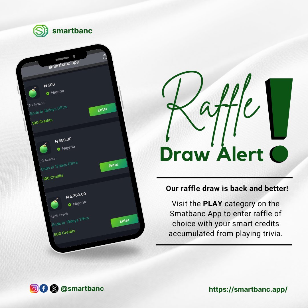 smartbanc's tweet photo. Have you been stacking up Smart Credit from Smartbanc Trivia? Now’s the time to put it to good use.
 Head to the PLAY section on the Smartbanc App and enter raffles of your choice. The more you play, the more chances you have to win!

Let the games (and wins) begin!🔥
#smartbanc https://t.co/iXoMVRtE2w