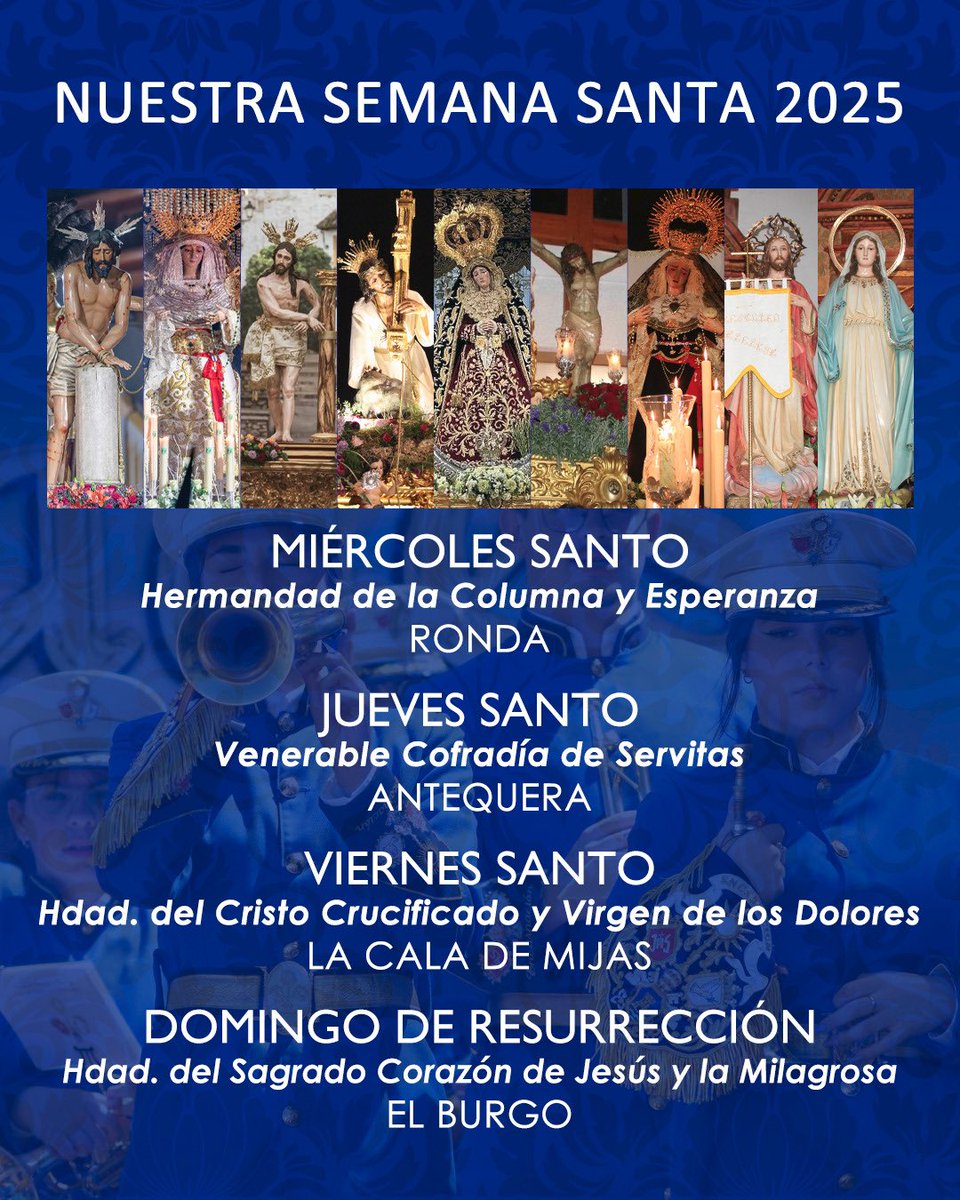 BctEncarnacion's tweet photo. NUESTRA SEMANA SANTA 2025
Os dejamos los días, hermandades y localidades que participamos la próxima Semana Santa, y también os dejamos nuestro repertorio.

¡Que suene la Encarnación!💙

#elburgo #yunquera #alozaina #sierradelasnieves #cofradiasmlg #cofradiasronda #rondacofrade https://t.co/RFt9eTwFFD