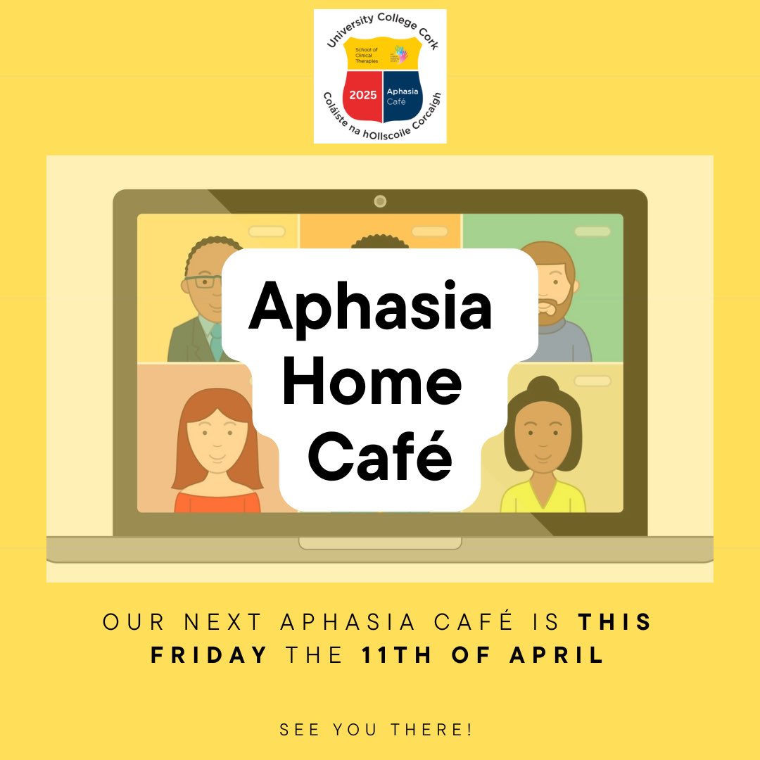 Aphasia Home Café (@aphasiahomecafe) on Twitter photo Our next Aphasia Café is this Friday at 11am!
You will have received your email!
Donât forget your tea or coffee and weâll see you on Friday!â
If you have #Aphasia and would like to know more about our group please email aphasiacafe@uccsocieties.ie Our next Aphasia Café is this Friday at 11am!
You will have received your email!
Donât forget your tea or coffee and weâll see you on Friday!â
If you have #Aphasia and would like to know more about our group please email aphasiacafe@uccsocieties.ie