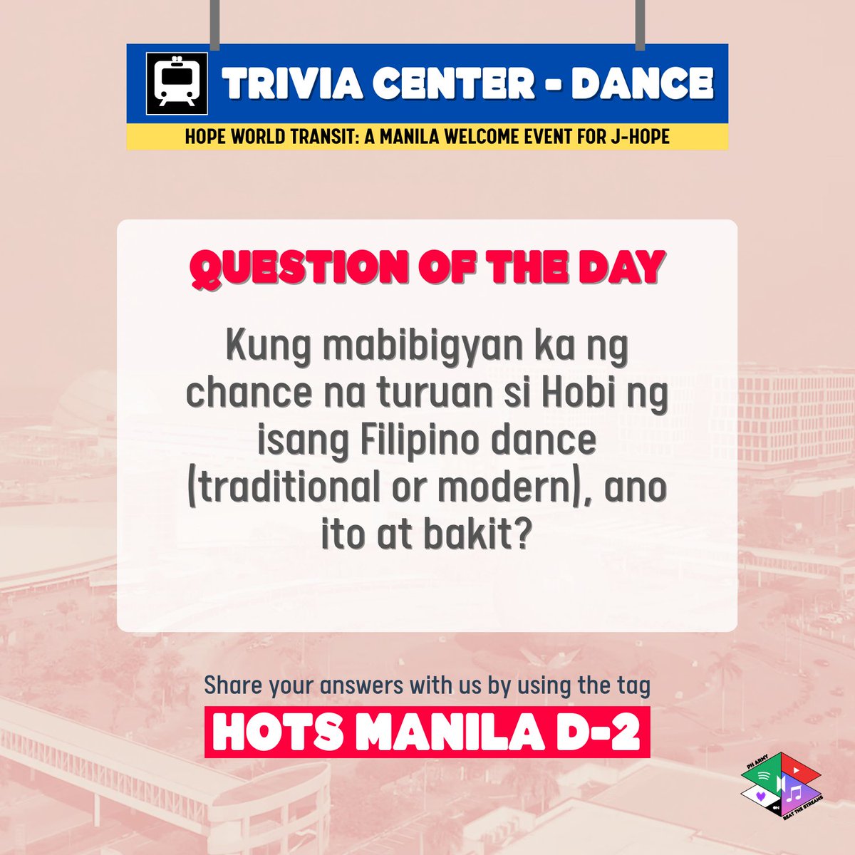 BTSstreamers's tweet photo. D-2 ’til we sing our hearts out at HOTS MNL 🎤💜
🇵🇭 ARMY, let’s make our chants echo through the skies!

Here’s our QOTD:
If given the chance, anong Filipino dance ang ituturo mo kay Hobi?

Share your answers with:
HOTS MANILA D-2
#HopeWorldTransit
#HOPE_ON_THE_STAGE_TOUR_Manila https://t.co/x9CZc1HcFb