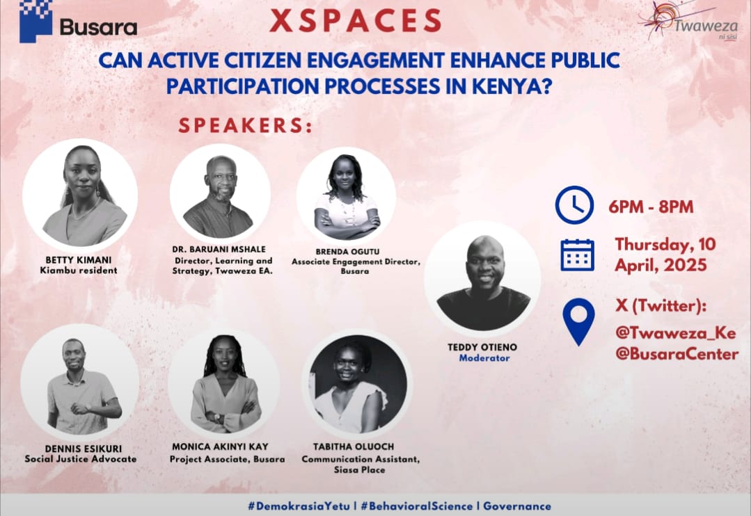 OfficialMasjic's tweet photo. Our own @EsikuriDennis will take part in today's X space Citizen engagement on Public participation discussion. See you there. #DemokrasiaYetu #BehaviouralScience @Twaweza_Ke @siasaplace @UhaiWetu @Article43Rights @CMDKenya @BusaraCenter https://t.co/QBBvjDp6R0