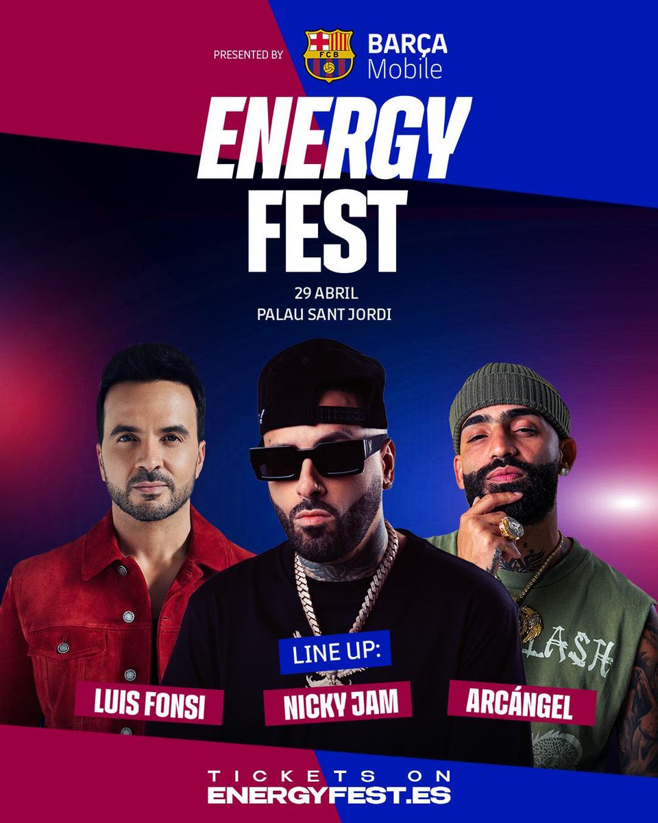 sport's tweet photo. Nicky Jam, Luis Fonsi y Arcángel serán los protagonistas del #EnergyFest, el gran evento de música urbana latina que se celebrará el 29 de abril en el Palau Sant Jordi. 🤝 @barcamobilefcb
https://t.co/bxHQhxS4hb https://t.co/8eRwnX2eth