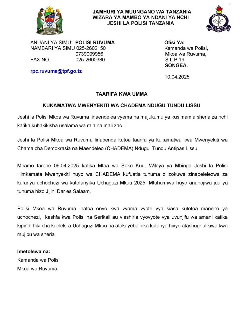 tanpol's tweet image. KUKAMATWA KWA MWENYEKITI WA CHADEMA, NDUGU TUNDU LISSU