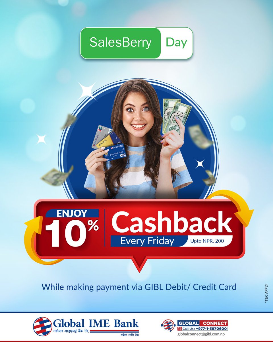 globalimebank's tweet photo. Get an exclusive 10% OFF at Salesberry every Friday when you pay with your Global IME Bank Debit/Credit Card!
Offer valid at all Salesberry outlets except Jawalakhel & Kupondole.
#GlobalIMEBank #TheBankForAll #Salesberry #ShopMoreSaveMore #Offer #ExclusiveDiscount https://t.co/GEo80RzxR4