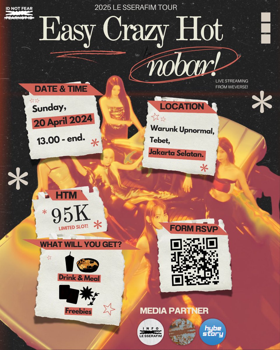 ❤️‍🔥EASY CRAZY HOT In Jakarta❤️‍🔥
Nobar with FEARNOT ID

📍Warunk Upnormal, Tebet, Jakarta Selatan
📅 Minggu, 20 April 2025
🕐 13:00 WIB - selesai 
💰Rp.95.000 (nobar, makanan, minuman &amp; freebies)

🔗tinyurl.com/NobarECH

Don't forget to join us and let's make some joyful moments!