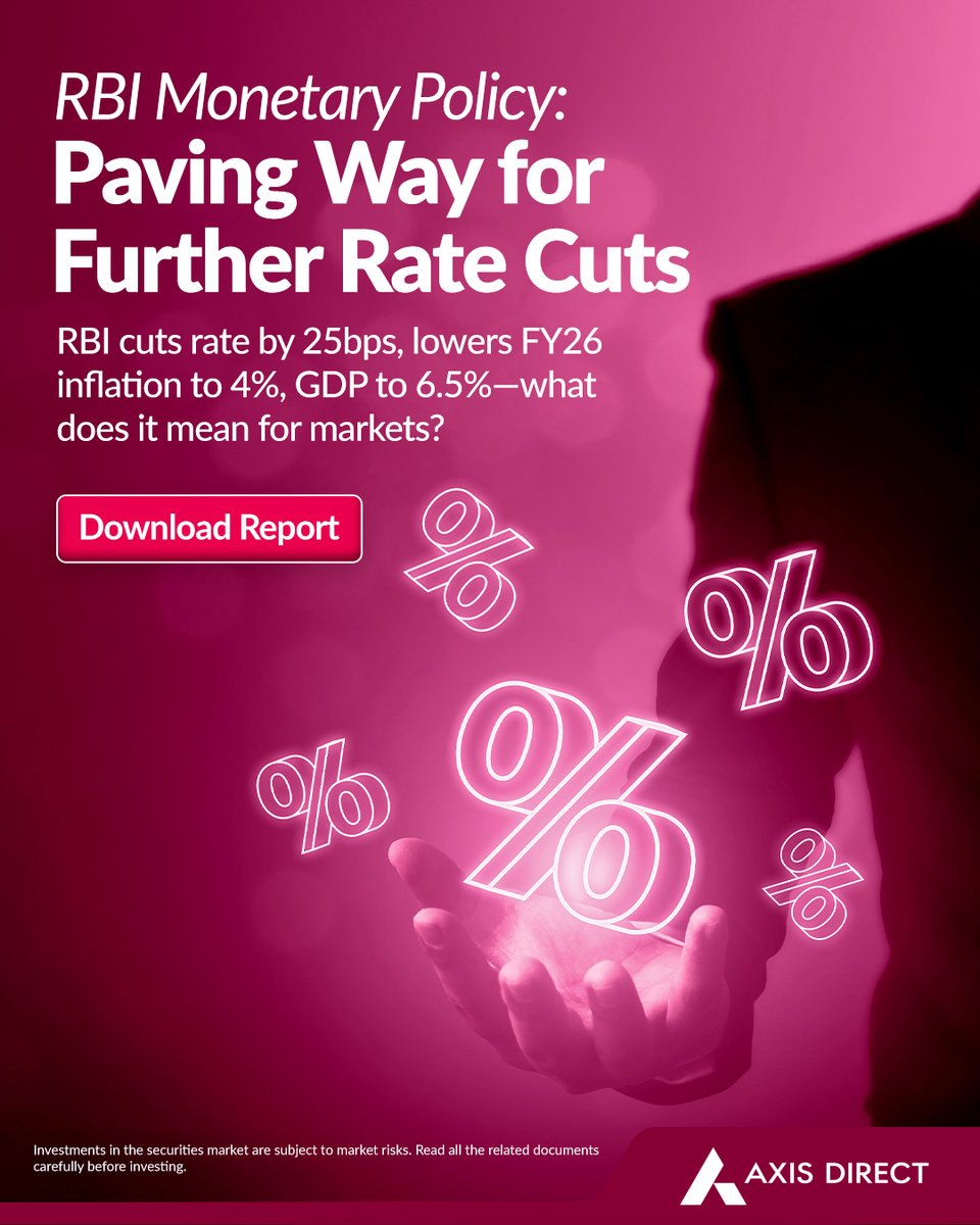 AxisDirect_In's tweet photo. RBI cuts rates by 25 bps and shifts to an "accommodative" stance. We believe this could benefit NBFCs and private banks.

Read our detailed analysis in the April’25 RBI Monetary Policy Report.

Download now: https://t.co/ylV713B7lB https://t.co/mgtvFTieUm