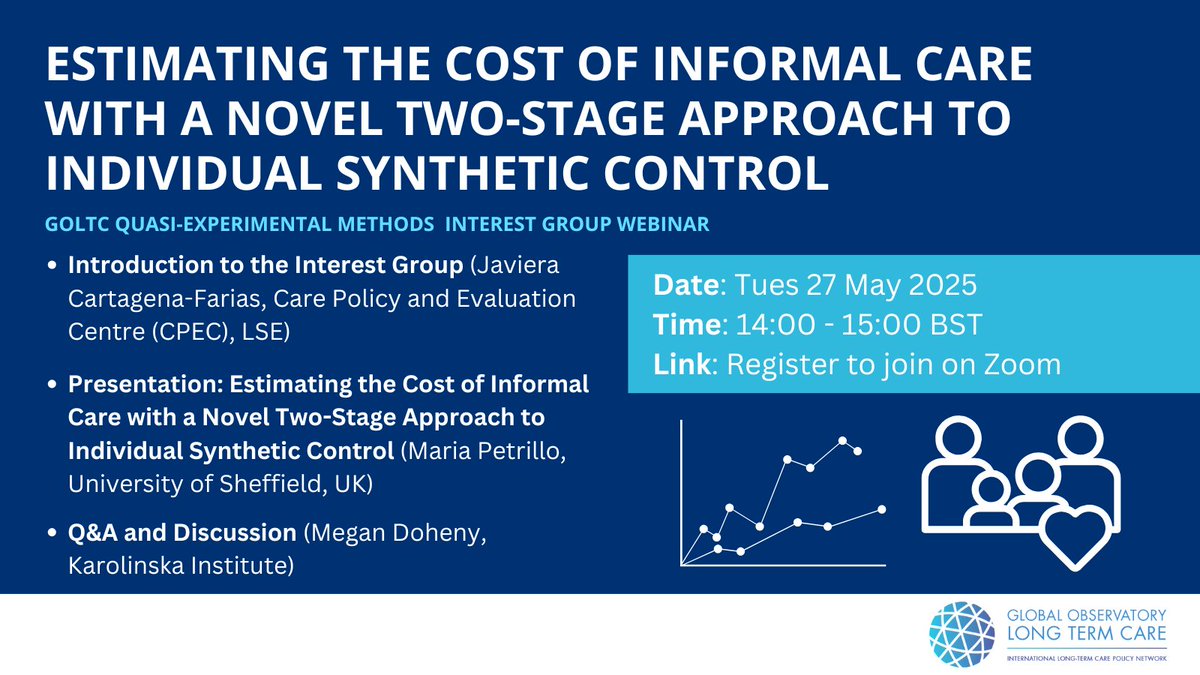 ANOTHER EXCITING WEBINAR: Estimating the Cost of Informal #Care with a Novel Two-Stage Approach to Individual Synthetic Control 💰

Join <a href="/AdelinaCoHe/">Adelina ComasHerrera</a>, <a href="/JavieraCartage/">Javiera Cartagena-Farias</a> (<a href="/CPEC_LSE/">Care Policy and Evaluation Centre</a>), <a href="/MPetrillo25/">Maria Petrillo</a> (<a href="/sheffielduni/">The University of Sheffield</a>) + Megan Doheny (<a href="/karolinskainst/">Karolinska Institutet</a>) on 27 May:👉lse.zoom.us/meeting/regist…