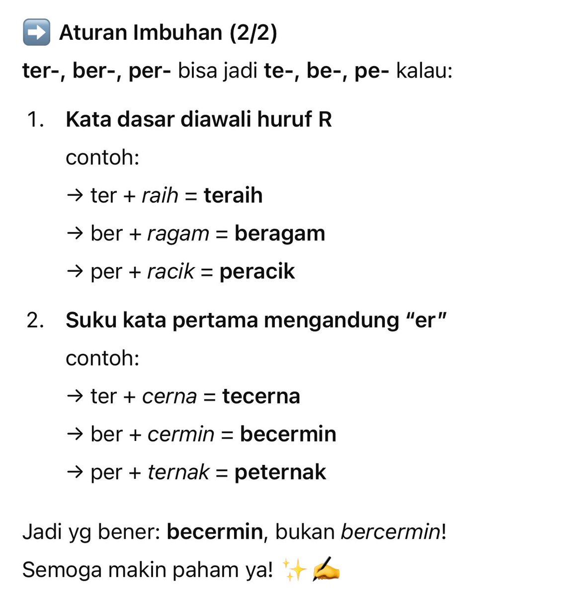 richie_ald's tweet photo. ➡️ Aturan Imbuhan
(2/2) ter-, ber-, per-

Yang bener tuh bercermin atau becermin ya? https://t.co/x9xsl1sJmi