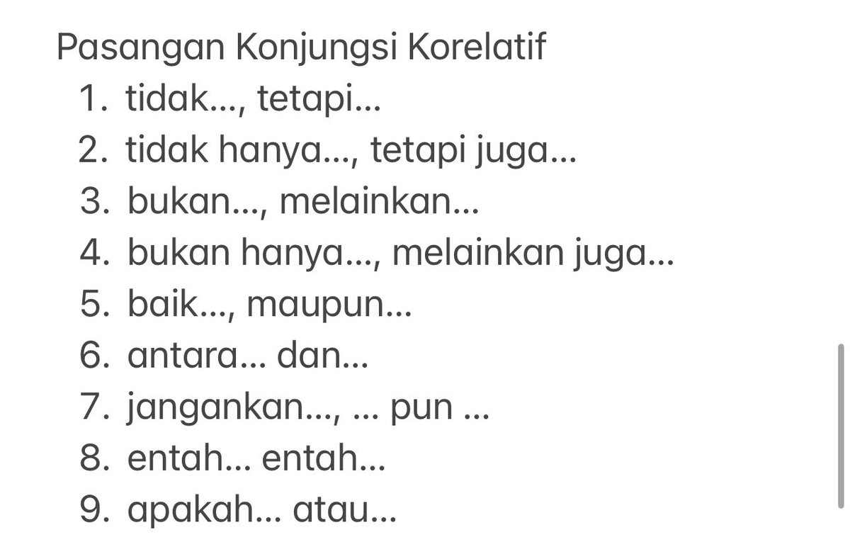 ➡️ Konjungsi Korelatif
—, dihafalin pasangannya! jangan sampai ketuker. biasanya salah di sini, 

Ini bukan kursi, tetapi meja ❌
Ini bukan kursi, melainkan meja ✅