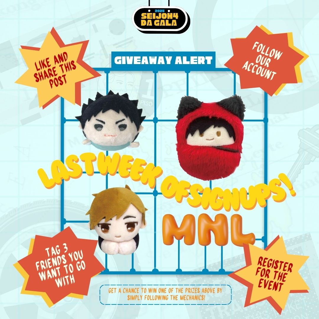 seijoh4dagala's tweet photo. SURPRISE GA FOR THE LAST WK OF SIGNUPS! 🎉
✨ Kuroo Tapinui
✨ Atsumu Hugchara
✨ Iwaizumi Mochi

Mechanics: 
–Like &amp; RT (1 entry)
–MBF @seijoh4dagala (1 entry)
–Tag 3 friends (1 entry)
–Register for the event (3 entries)
📋: https://t.co/XshYcCXgh7 🩵

Drop your proof(s) below! https://t.co/5yLvTMxZGf