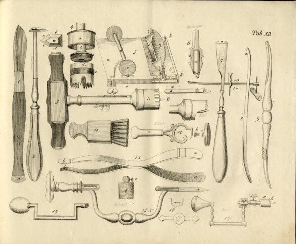 PastMedHistory's tweet photo. Lithographic illustrations of surgical tools from the handbook of surgery by Chelius c. 1829 #histmed #histsurg #historyofmedicine #historyofsurgery #pastmedicalhistory https://t.co/qsvmiuf4JX