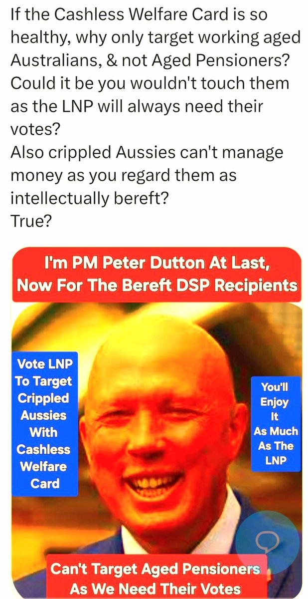 AusRobMillgate's tweet photo. @LNPQLD Yeah spot on, Unite Australia by segregating permanently crippled Aussies via sadistically forcing them onto the Cashless Welfare Card as they're too intellectually bereft to handle a Loaf of bread let alone their much appreciated Welfare money? https://t.co/JjsxDUImAx