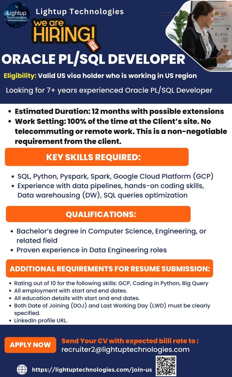 AnjaiSharm1534's tweet image. #OraclePLSQL #DataEngineer #TechJobs #ImmediateHiring #DataScience #SQLDeveloper #BigData #Python #Pyspark #Spark #DataWarehousing #ETLDeveloper #BigQuery #TechTalent #DatabaseOptimization #HiringNow #TechRecruitment #JobOpening #ImmediateJoiners #WorkFromOffice #LinkedInJobs