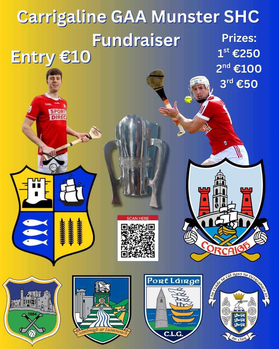 CarrigCamogie's tweet photo. Have a little fun and enter our Munster SHC Fundraiser- You can scan the QR code to enter or click on the link https://t.co/KbsysBZzbp… swipe for rules #carrigalinegaa 💙💛 https://t.co/GsSR1ezF25