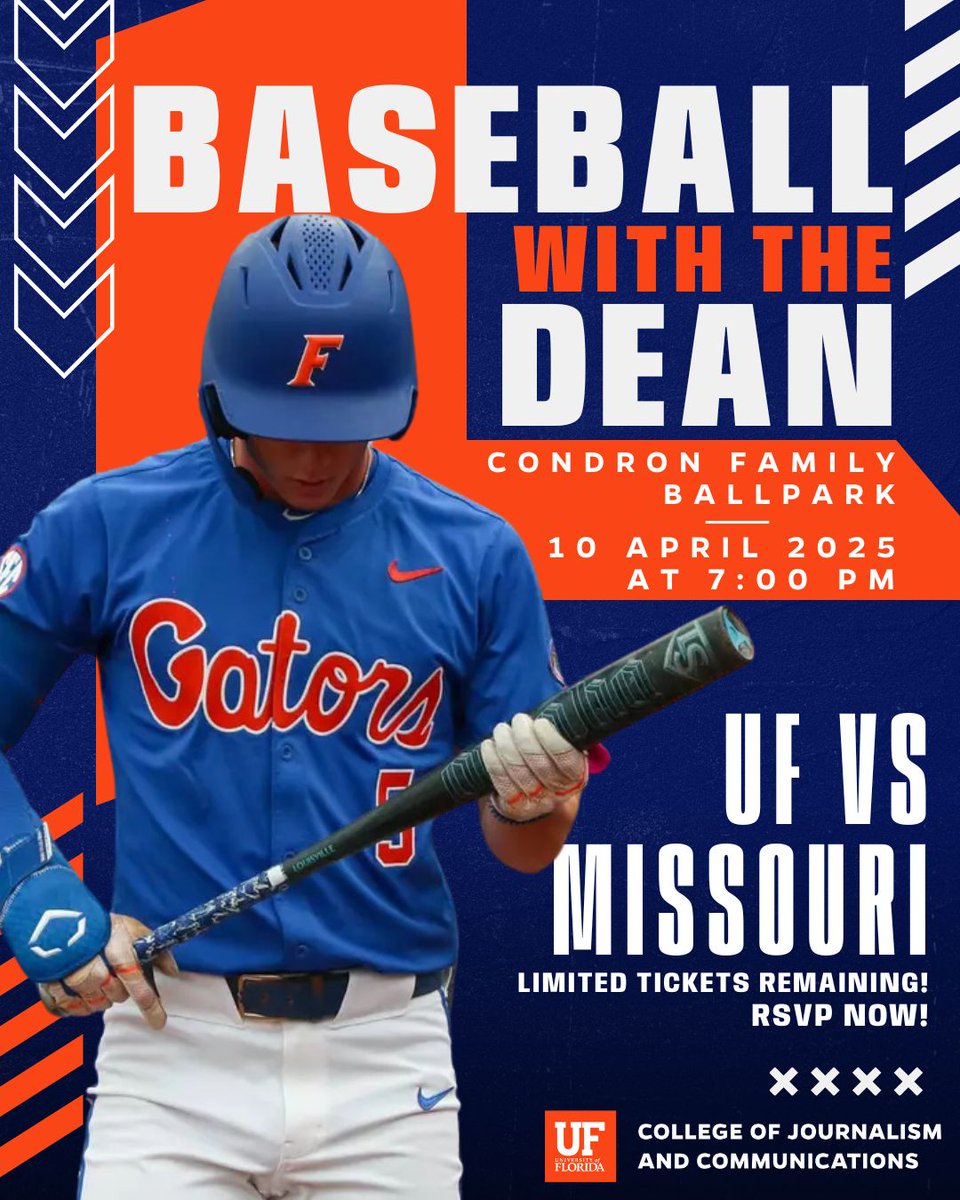 UFCJCGrad's tweet image. Tonight's the night! Join us to watch the Gators take on Missouri on April 10th, 7:00 PM, at Condron Ballpark.
Tickets are first-come, first-served. Reserve yours here: ufl.qualtrics.com/jfe/form/SV_8C…