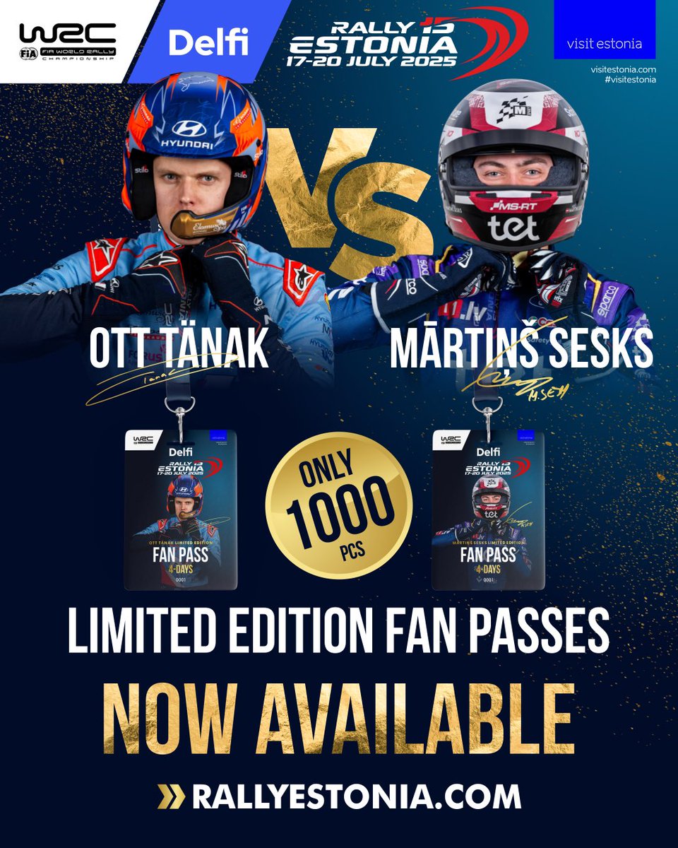 RallyEstonia's tweet photo. LIMITED EDITION FAN PASSES ARE HERE 💥🤟
Do you want to be part of #TeamOtt or #TeamMartins? Now is your chance - the official @OttTanak and @MSesks limited edition fan passes have just dropped! 😎🙌
Get yours 👉 https://t.co/6T4StXXzvI
#VisitEstonia #DelfiRallyEstonia #WRC https://t.co/6dkKZtCrvM