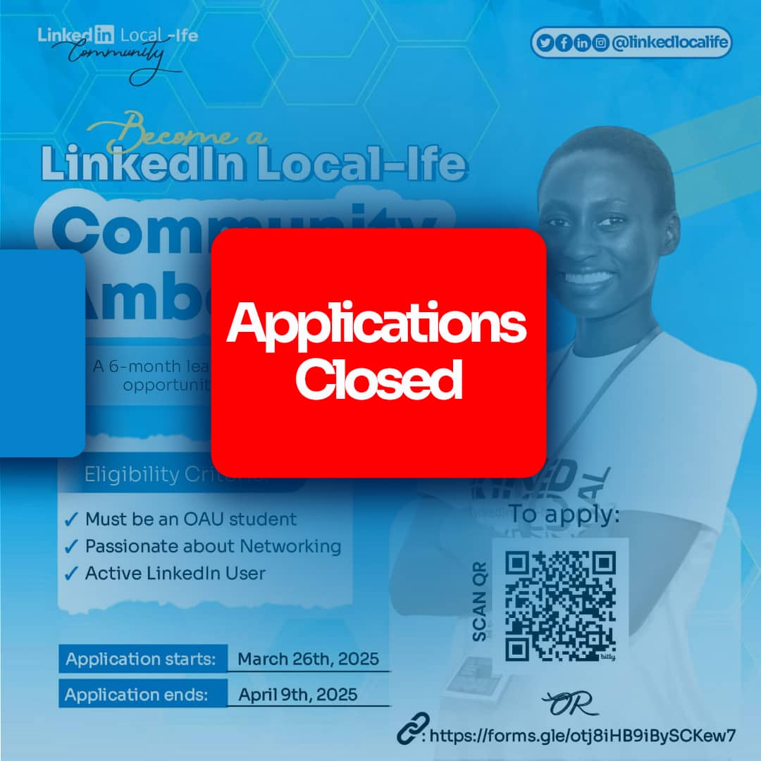 LinkedIn_Ife's tweet photo. Application for the LinkedIn Local-Ife Ambassador Program has officially closed! 📌
Congratulations to those who took the initiative to apply. 🫱🏽🫲🏽
Stay glued to your Email, you'll hear from us soon! 🔥🤭
#LLIC #LinkedInLocalIfeCommunity #linkedinlocalife #applicationclosed https://t.co/SMvq0G1gjb
