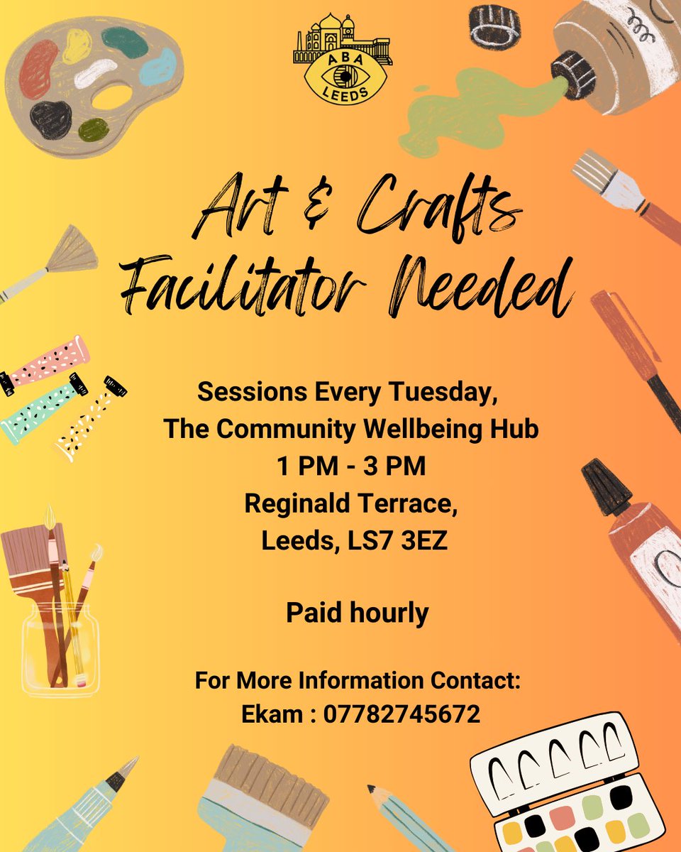 ABA Leeds (@abaleeds) on Twitter photo Weโre hiring an Arts & Crafts Facilitator to lead fun, creative sessions with our service users. Paid hourly, friendly environment, and meaningful work. Interested? 
Contact Ekam : 07782745672 ๐จ๐งก #ArtsFacilitator #CommunityWork #Hiring Weโre hiring an Arts & Crafts Facilitator to lead fun, creative sessions with our service users. Paid hourly, friendly environment, and meaningful work. Interested? 
Contact Ekam : 07782745672 ๐จ๐งก #ArtsFacilitator #CommunityWork #Hiring
