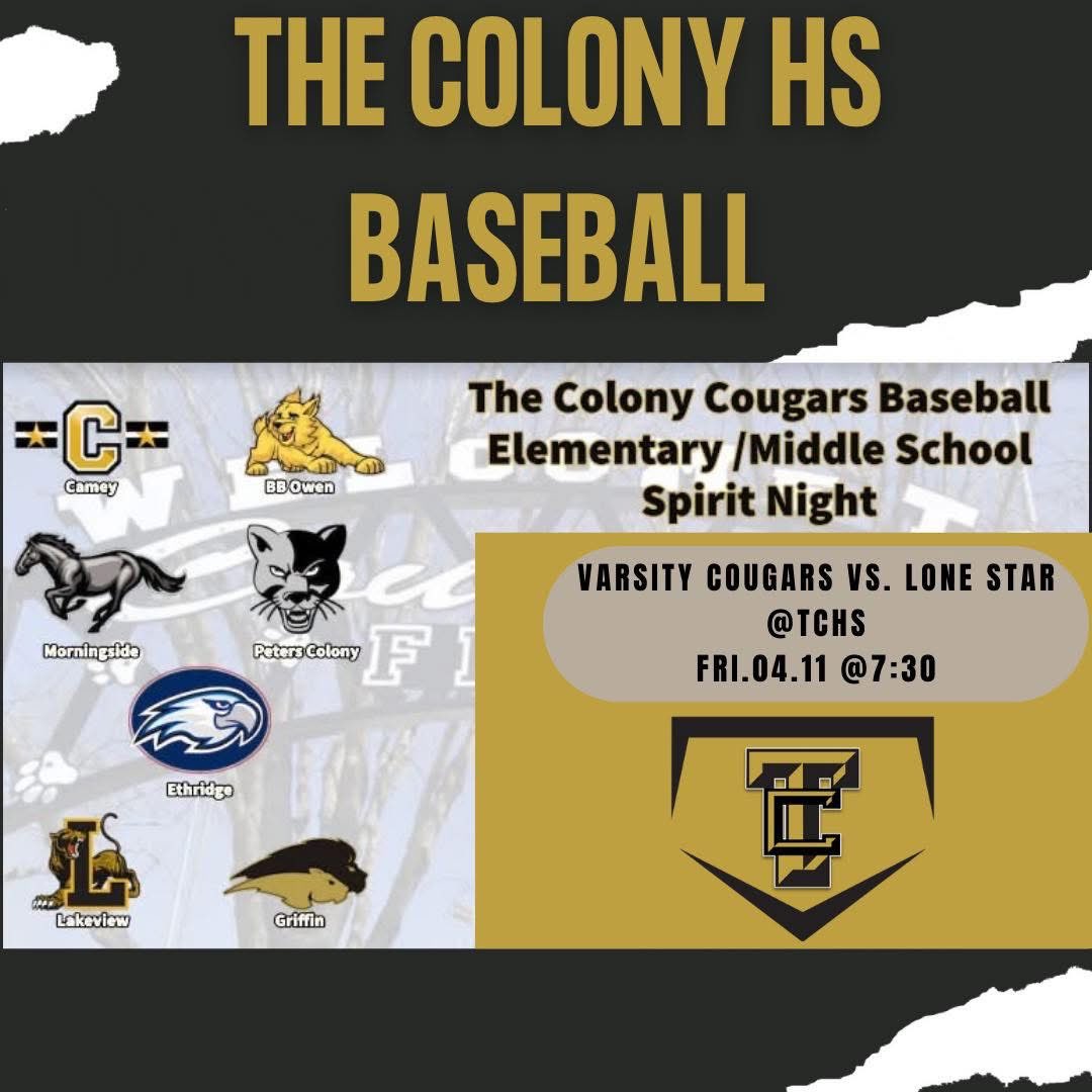 The Colony Cougar Baseball (@tc_cougbaseball) on Twitter photo Come see us for our feeder pattern feeder night tomorrow at 7:30! <a href="/Griffin_MS/">Griffin MS</a> <a href="/LakeviewMS/">Lakeview MS</a> <a href="/Camey_ES/">Camey Elementary</a> <a href="/BBOwenES/">BB Owen Elementary</a> <a href="/MorningsideES/">Morningside ES</a> <a href="/PetersColonyES/">Peters Colony ES</a> <a href="/EthridgeES/">Ethridge Elementary</a> Come see us for our feeder pattern feeder night tomorrow at 7:30! <a href="/Griffin_MS/">Griffin MS</a> <a href="/LakeviewMS/">Lakeview MS</a> <a href="/Camey_ES/">Camey Elementary</a> <a href="/BBOwenES/">BB Owen Elementary</a> <a href="/MorningsideES/">Morningside ES</a> <a href="/PetersColonyES/">Peters Colony ES</a> <a href="/EthridgeES/">Ethridge Elementary</a>