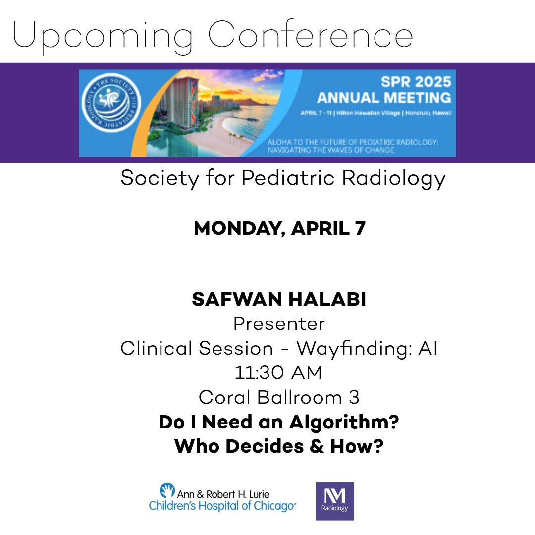 This week at #SPR2025 in Honolulu, we’re proud to celebrate one of our radiologists, Dr. Safwan Halabi, who presented 'Wayfinding: AI – Do I Need an Algorithm? Who Decides &amp; How?” On Monday, April 7th. 
#PediatricRadiology #LurieRadiology #LeadershipInMedicine