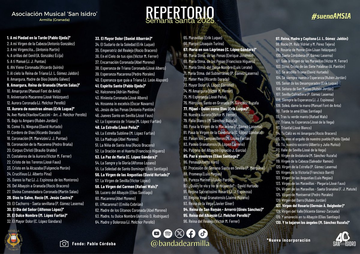 BandadeArmilla's tweet photo. 📒 𝐑𝐄𝐏𝐄𝐑𝐓𝐎𝐑𝐈𝐎 | Os presentamos el repertorio al completo que tendremos el placer de interpretar esta próxima Semana Santa. Una selección de 𝟏𝟑𝟎 𝐦𝐚𝐫𝐜𝐡𝐚𝐬 en total que se podría definir como variado, fiel al estilo y sonido de nuestra formación, con marchas que se adaptan a la idiosincrasia de las Hermandades a las que acompañamos, desde lo más “clásico” a lo más reciente.

🧵 Abrimos hilo a continuación: