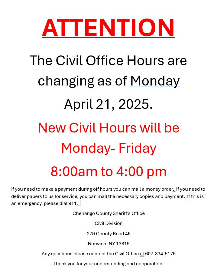 ChenangoSheriff's tweet photo. New Civil Division Hours https://t.co/UmQky4o14g https://t.co/ajsEO3xADU