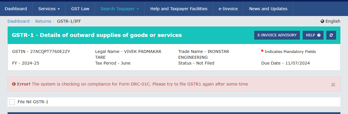 CompliantCons's tweet photo. @Infosys_GSTN getting this error message for 3 days while generating GSTR1 summary. Please help. https://t.co/hqVoeC4Kv0