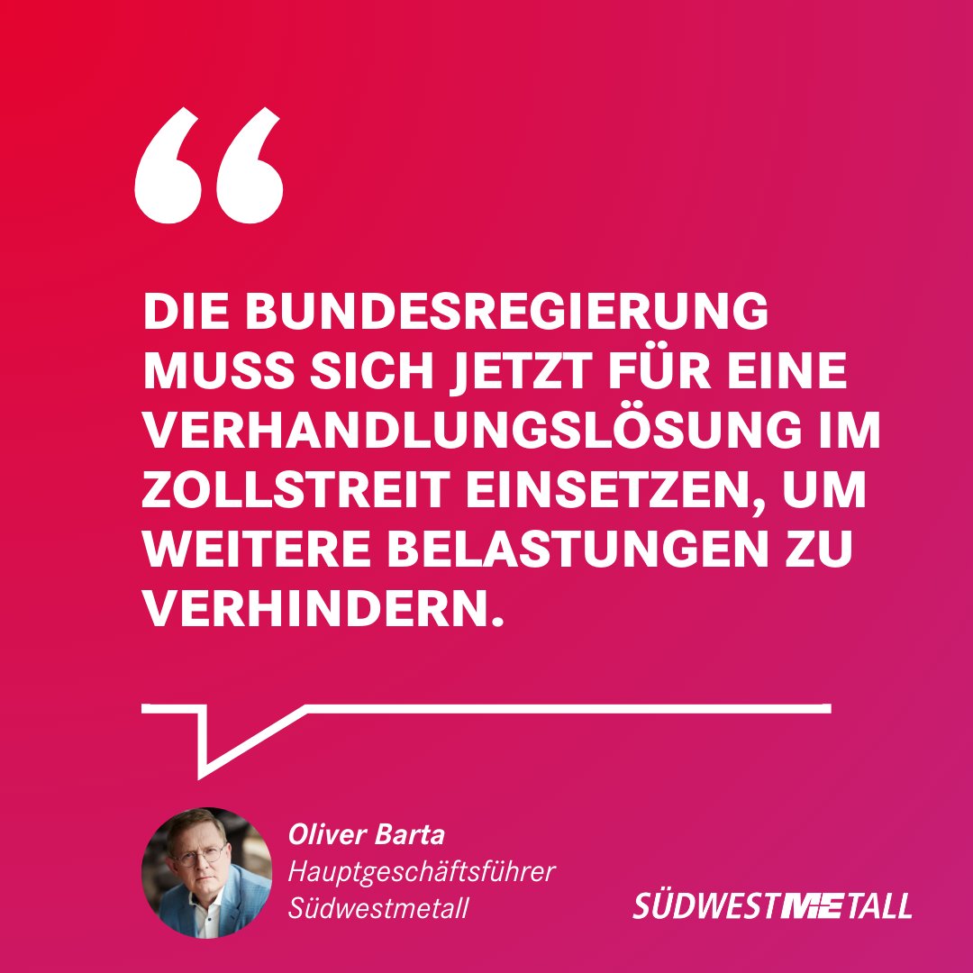Die wirtschaftliche Lage in der  #MEIndustrie in #BaWü ist weiterhin angespannt und die Konjunkturaussichten für 2025 sind trüb.
Wir fordern eine schnelle Lösung im #Zollkonflikt mit den #USA 🇺🇸. Oliver Barta sagt angesichts der schwierigen Lage ⬇️: 
suedwestmetall.de/presse/pressem…