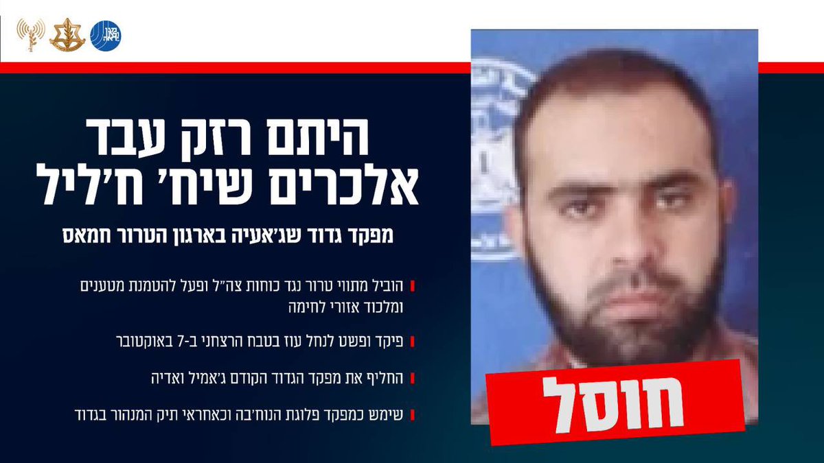 IsraelVive1948's tweet photo. Las Fuerzas de Defensa de Israel eliminaron a Haitam Razak Abd al-Karim Sheikh Khalil, comandante del batallón Shuja’iya del grupo terrorista Hamas. Khalil participó en la masacre del 7 de octubre liderando una incursión contra Nahal Oz.
Fuente #mediaoriente By @veoisrael https://t.co/ZU2mupzdPv