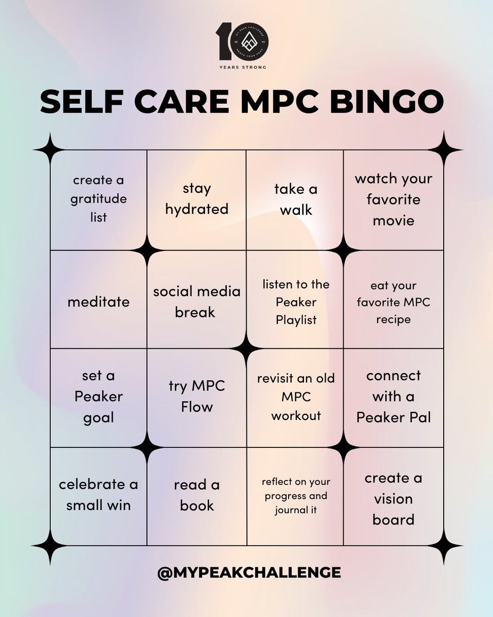 MyPeakChallenge's tweet photo. Self-care is about balance. Use this bingo card to keep you motivated this next week and make sure to have fun doing it!🫶💛

Learn more about My Peak Challenge💪 here: https://t.co/rpItV5Sbpn

#SelfCare #MyPeakChallenge #SamHeughan https://t.co/6ae7xuanMJ