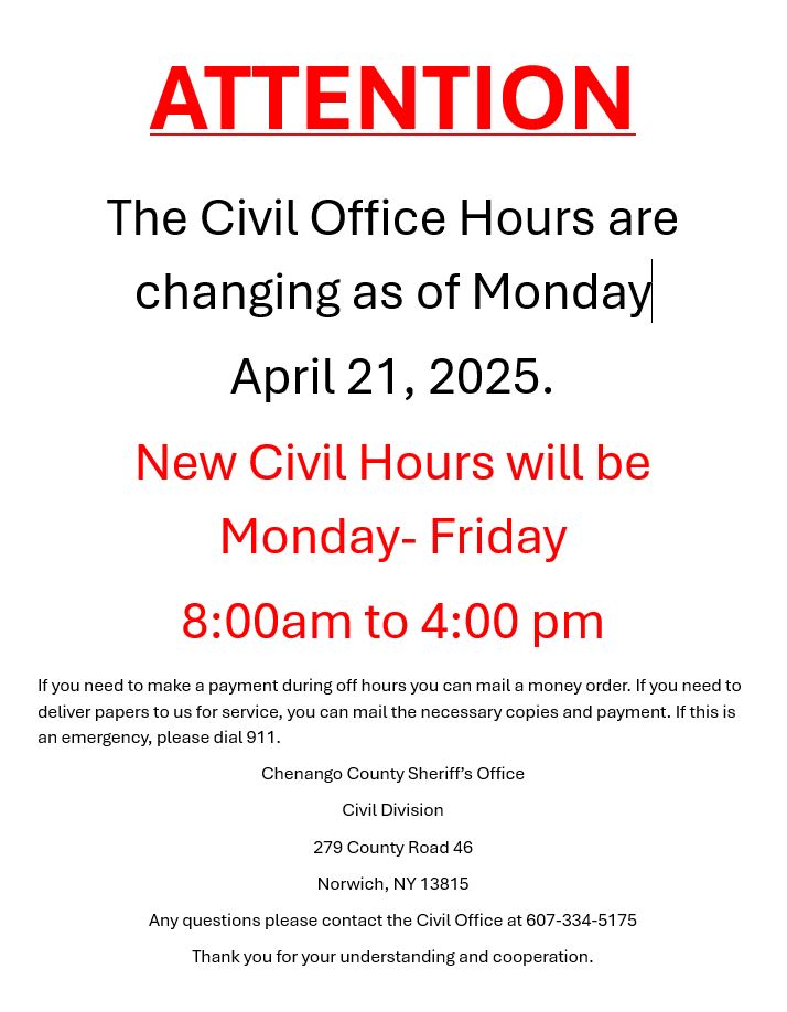 ChenangoSheriff's tweet photo. New Civil Division Hours https://t.co/3BCoZKEm8J https://t.co/EJDMoEZUDm