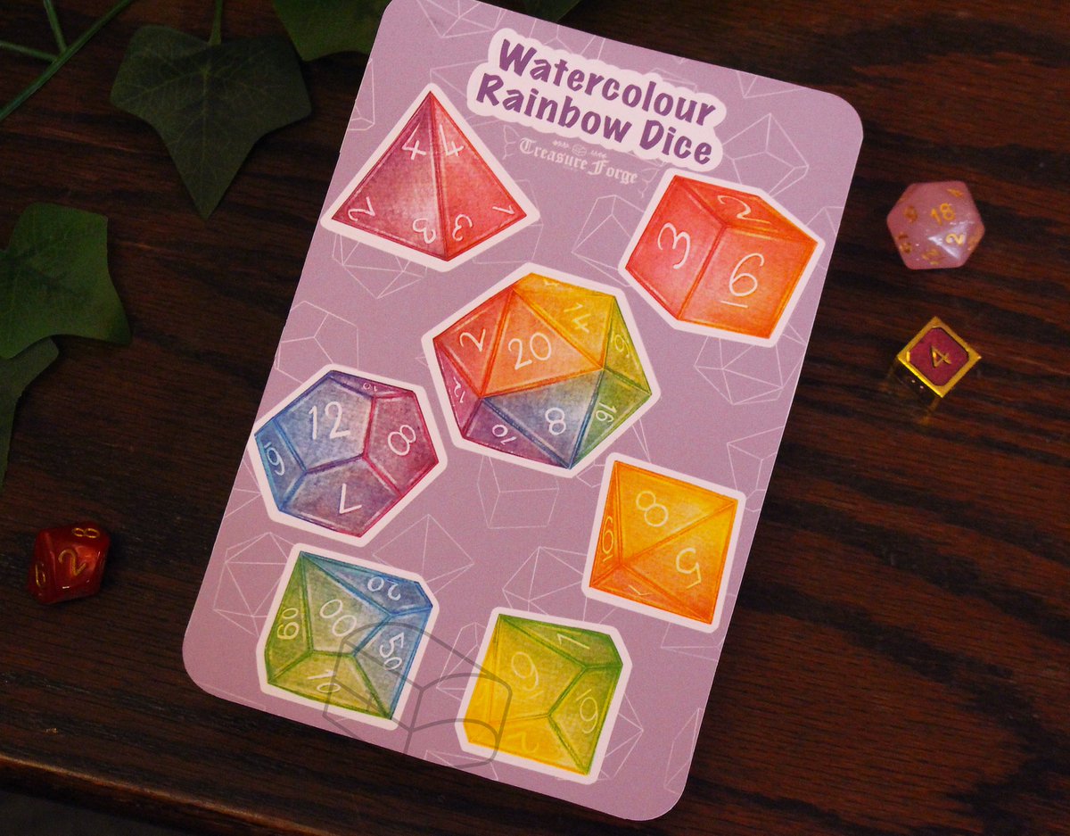 TreasureForgeSt's tweet photo. Two more rainbow-themed Sticker sheets are out now! Get our Watercolour Rainbow Dice and Rainbow Mushroom sticker sheets on our shop now :D https://t.co/xyLZBasWp0