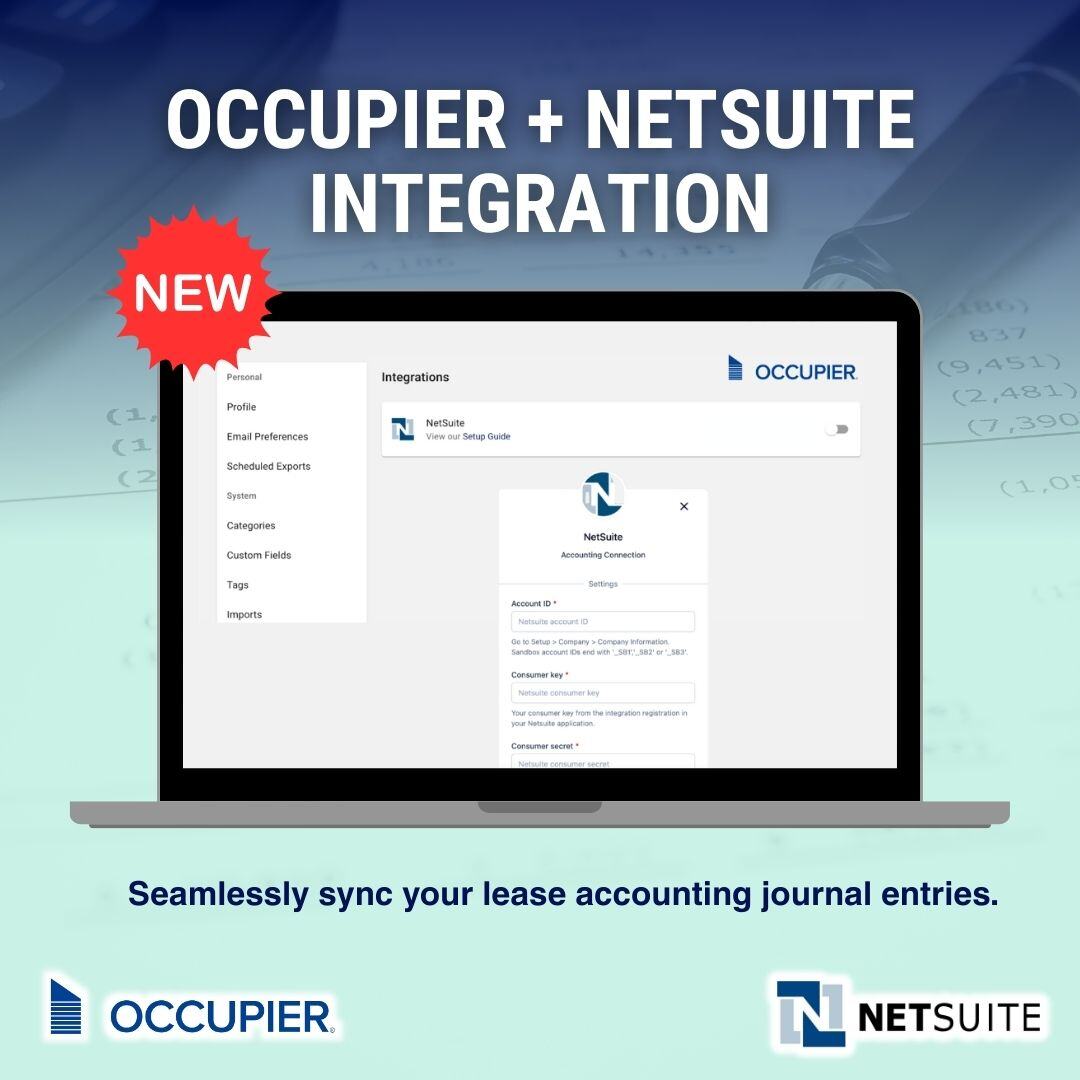 occupierhq's tweet image. 🚀 We're excited to introduce our NetSuite Integration!
This feature streamlines your monthly close process by seamlessly syncing journal entries from Occupier to NetSuite— saving you time and eliminating manual data entry.
Ready to Simplify Your Lease Accounting?
