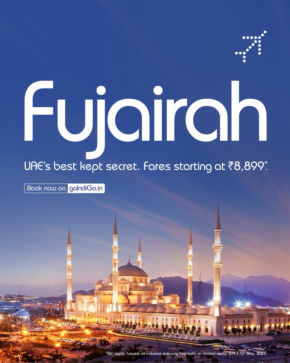 IndiGo6E's tweet photo. Shh…we have unlocked UAE’s best kept secret. Come explore #Fujairah with us. Now flying daily, non-stop from #Mumbai and #Kannur W.E.F 15th May, 2025. Fares starting at ₹8,899. Book now: https://t.co/ylHgBo8cD6. #goIndiGo #InternationalDestination #UAE https://t.co/OipV890WoM