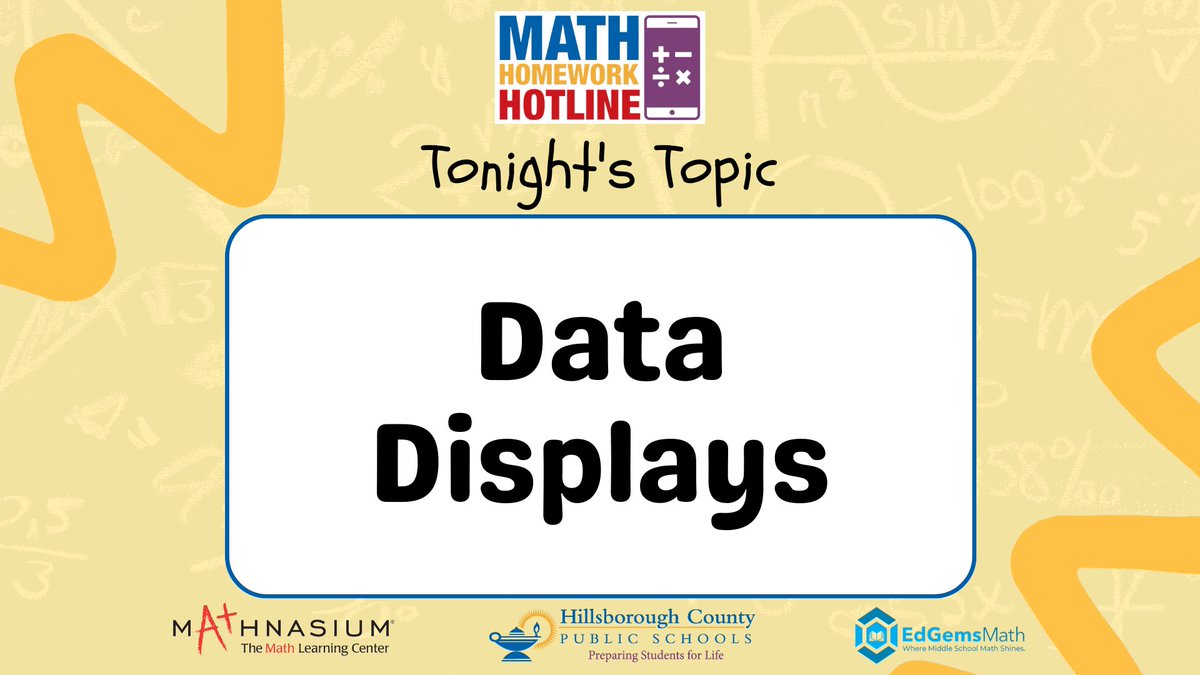 HillsboroughSch's tweet image. Tonight&apos;s topic for #MathHomeworkHotline is &quot;Data Displays.&quot;

Tutors will begin taking calls @ 5:30 p.m. and the show starts at 6 p.m.

📞 813-840-7260
📺 Spectrum Ch. 635 / Frontier Ch. 32
💻 hillsboroughschools.org/mhh

Thank you to our sponsors, @EdGems_Math &amp;amp; @Mathnasium!