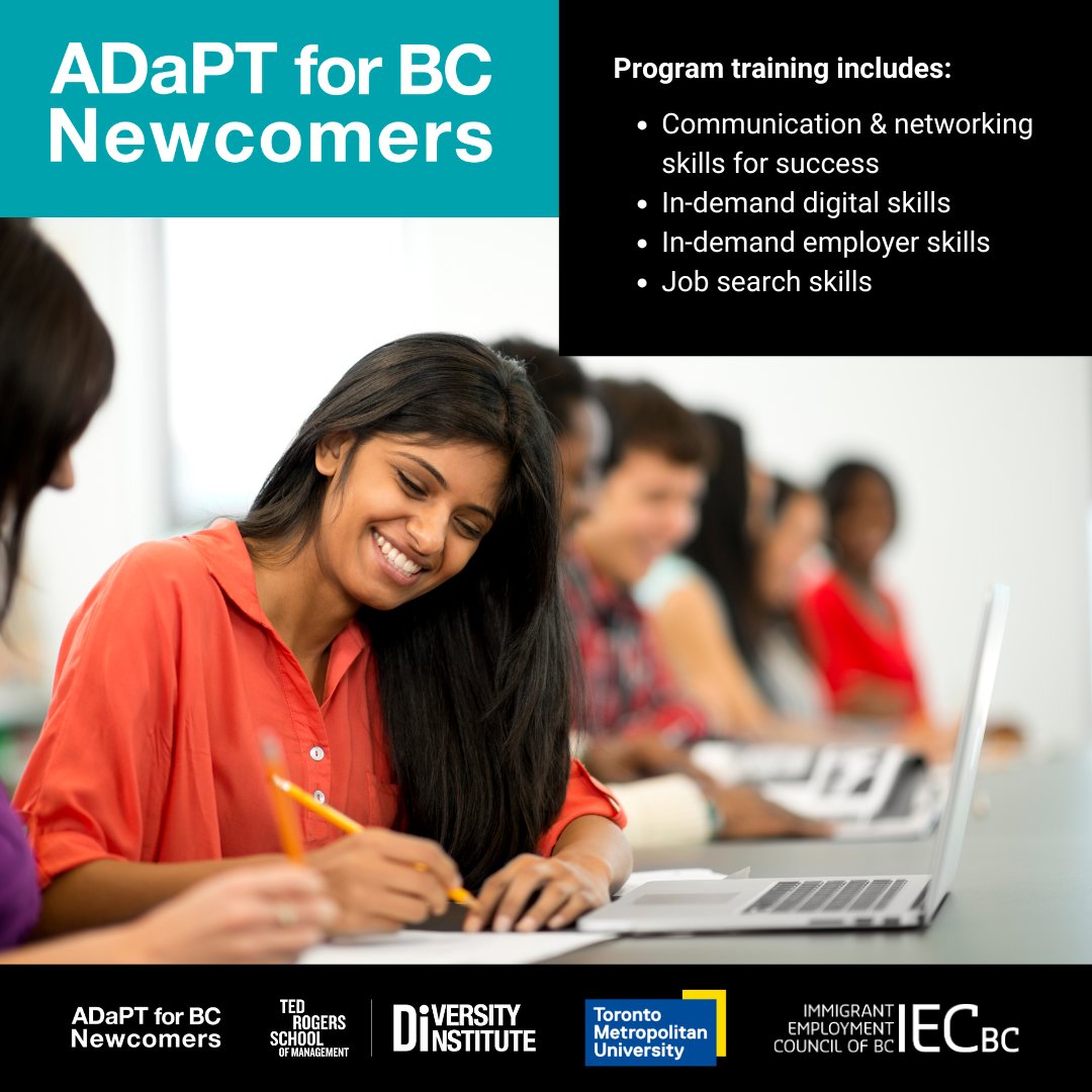 Newcomer in British Columbia? ADaPT for BC Newcomers is designed just for you!

Get training in essential digital and professional skills, career coaching and paid work placement opportunities.

⏳ Applications close soon:  bit.ly/ADaPTforBCNewc…

<a href="/torontometdi/">Diversity Institute</a> <a href="/iec_bc/">IEC-BC</a>