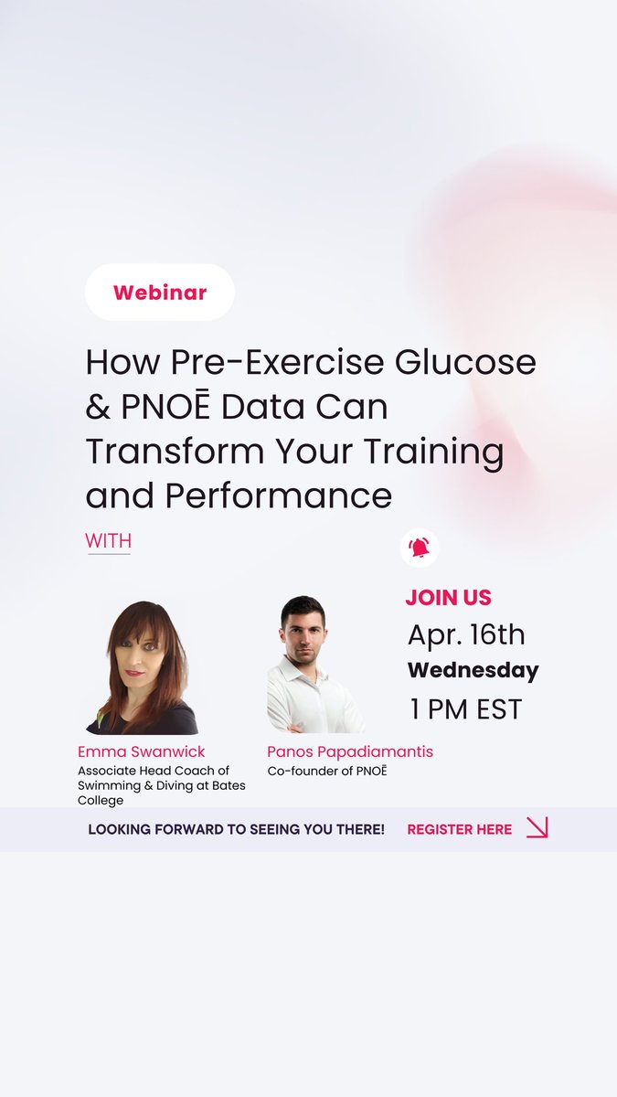 Ready to take your training to the next level? 🏊‍♀️💪 Join Emma Swanwick, Associate Head Coach at Bates College, &amp; Panos Papadiamantis, PNOĒ Co-Founder, for an exclusive webinar on how pre-exercise glucose &amp; metabolic data can optimize your performance! 🗓 us06web.zoom.us/webinar/regist…
