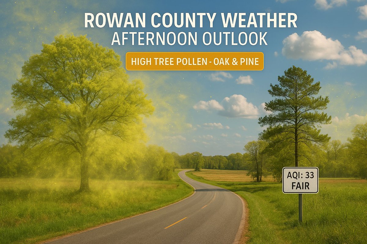 rowan_county_wx's tweet photo. 🌿 Rowan County update (4/10):
Air Quality: FAIR (AQI 33)
Pollen: HIGH (oak & pine) 🌳😷
Allergy tips:
✅ Limit outdoor time
✅ Keep windows closed
✅ Use air purifiers
Stay safe & sneeze-free, Rowan! #RowanCountyWeather #PollenAlert #NCWeather https://t.co/nc9FKxwnlt