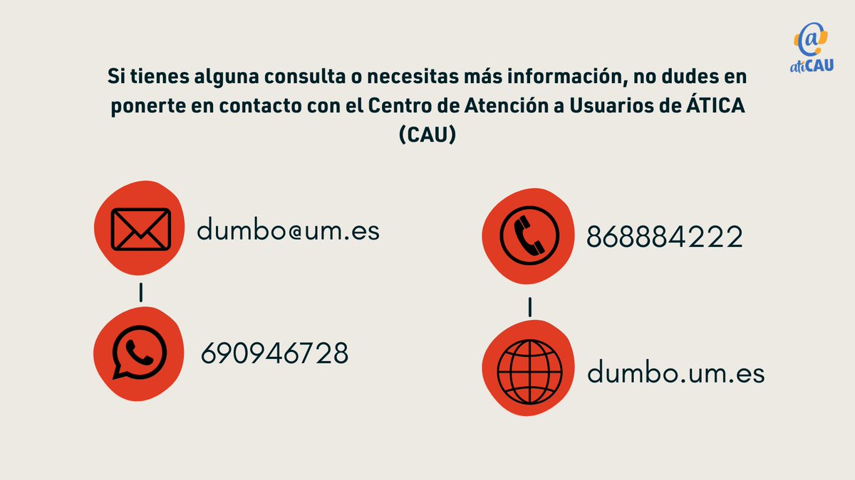 ÁTICA (@aticaum) on Twitter photo 📢 Esta mañana hemos detectado problemas con varias aplicaciones <a href="/UMU/">Universidad Murcia</a> , incluido Mi Campus, que se encuentra actualmente caído.
Estamos trabajando para restaurar el servicio lo antes posible. Lamentamos las molestias ocasionadas :(
Para cualquier consulta contacta con el CAU 👇 📢 Esta mañana hemos detectado problemas con varias aplicaciones <a href="/UMU/">Universidad Murcia</a> , incluido Mi Campus, que se encuentra actualmente caído.
Estamos trabajando para restaurar el servicio lo antes posible. Lamentamos las molestias ocasionadas :(
Para cualquier consulta contacta con el CAU 👇