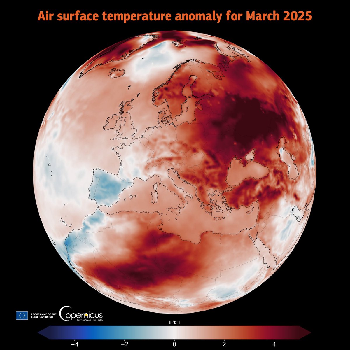March 2025 was the second warmest March ever recorded. 🌍

🌡️ Global temps were 1.68°C above pre-industrial levels.

📈 That’s 10 months in a row above the 1.5°C threshold.

The signals are loud &amp; clear. Climate action can’t wait.

🔗 climate.copernicus.eu/surface-air-te…

#CopernicusClimate
