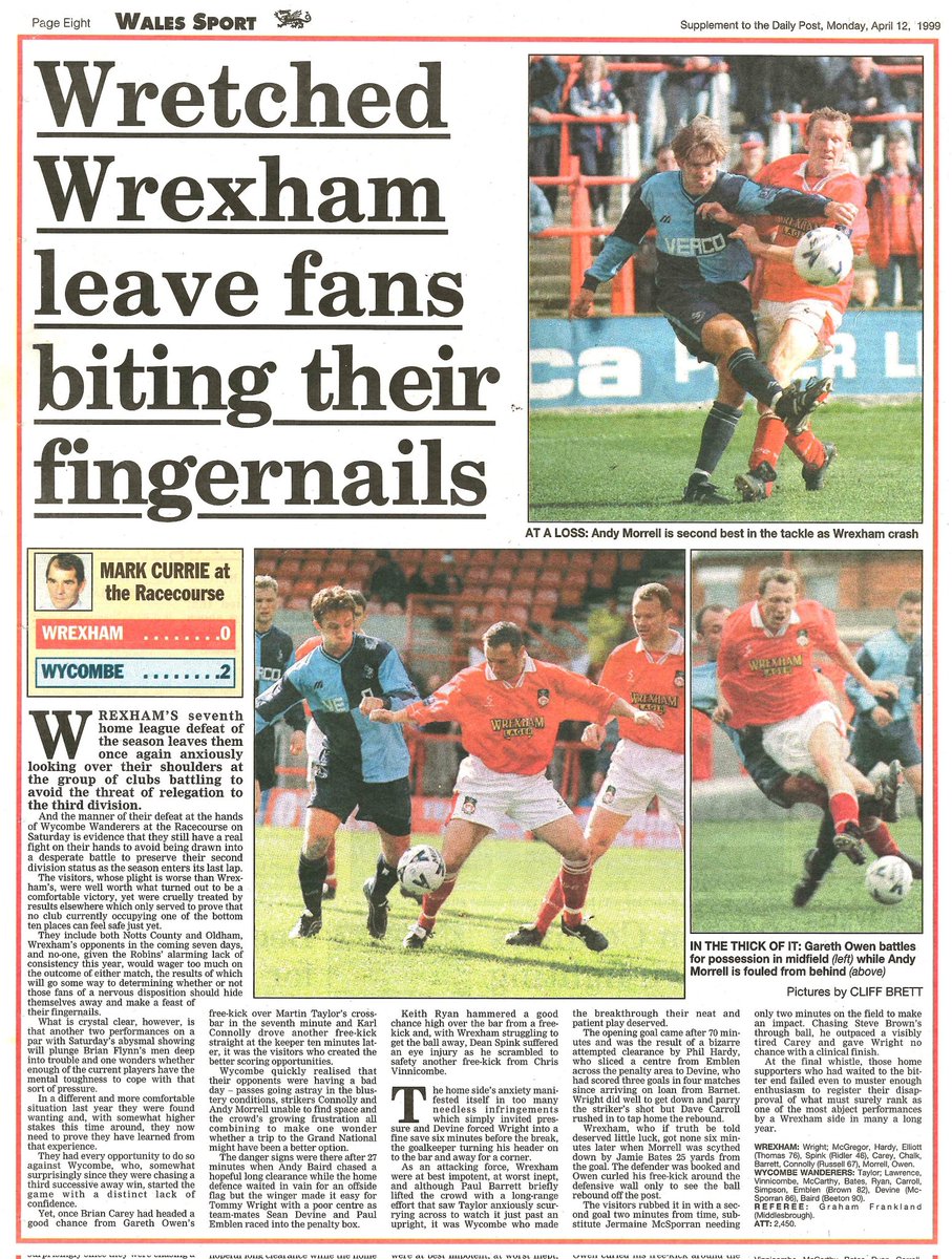 GasmanCOTN's tweet photo. #OTD Saturday 10th April 1999
Wrexham 0
Wycombe Wanderers 2
#chairboys continue their fight to avoid the drop from the 3rd tier with victory at #WrexhamAFC.
Att: 2,450 😭(300 away 😍) https://t.co/w9cyr7Pt1r