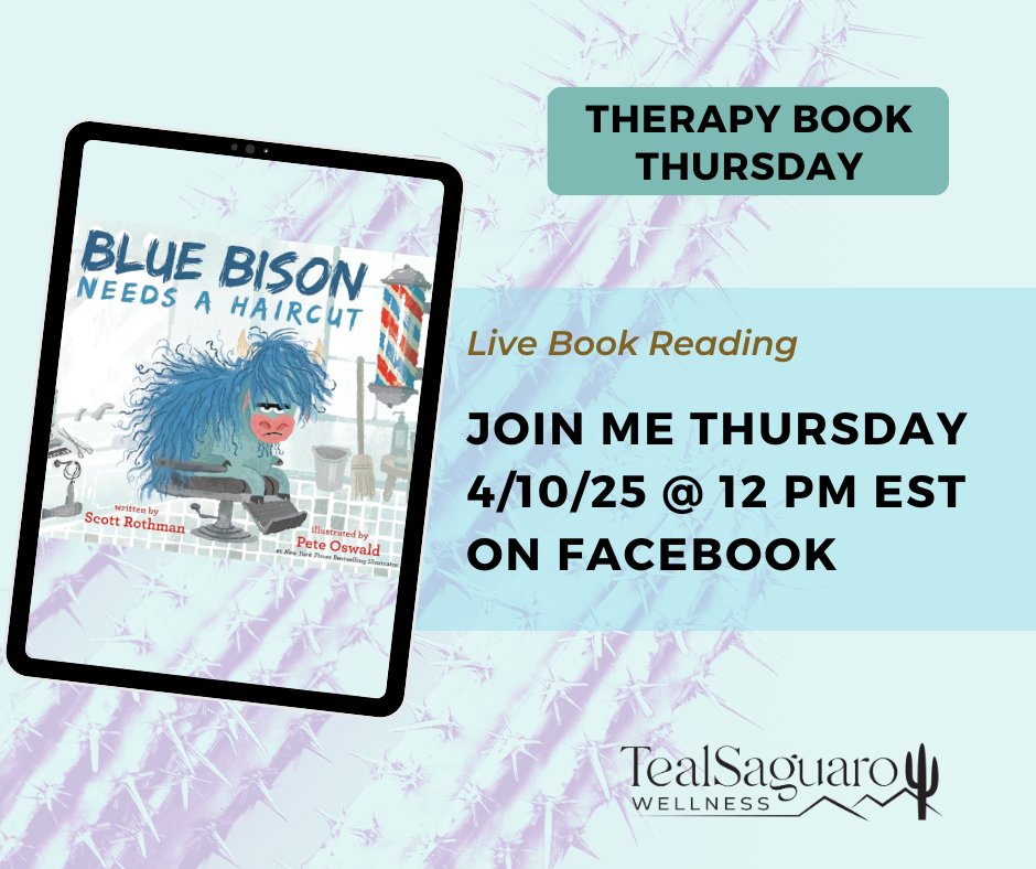 TealSaguaro's tweet photo. Join me TODAY at NOON, for "Therapy Book Thursday" on Facebook Live as I read "Blue Bison Needs A Haircut" written by Scott Rothman & Illustrated by Pete Oswald.
#BookReading #FacebookLive #Books #Reading #Feelings #BlueBison #Therapy #DublinOhio #ChildrensBooks #ReadABook https://t.co/aRNyPPU27y