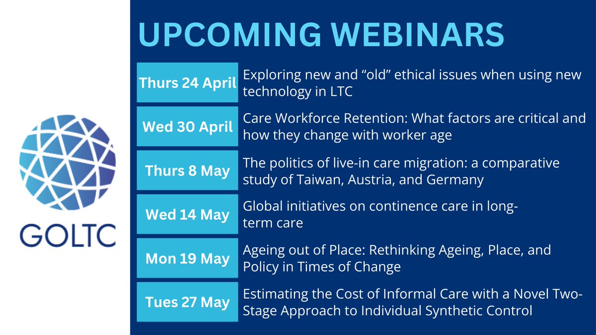 Interested in engaging with global experts in #health + #SocialCare?🌍
In April + May, we're hosting a series of exciting webinars - there's something for everyone, from ethics of #caretech, to #workforce retention, #continence care + more!
MORE DETAILS:👉goltc.org/news/