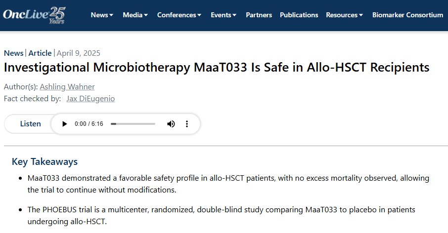 📰 MaaT Pharma in <a href="/OncLive/">OncLive.com</a>!
Thrilled to see our latest announcement covered by Ashling Wahner, highlighting MaaT033’s safety in allo-HSCT patients and the DSMB’s recommendation to continue the PHOEBUS trial.

You can read the article here: onclive.com/view/investiga…

#DSMB #Safety