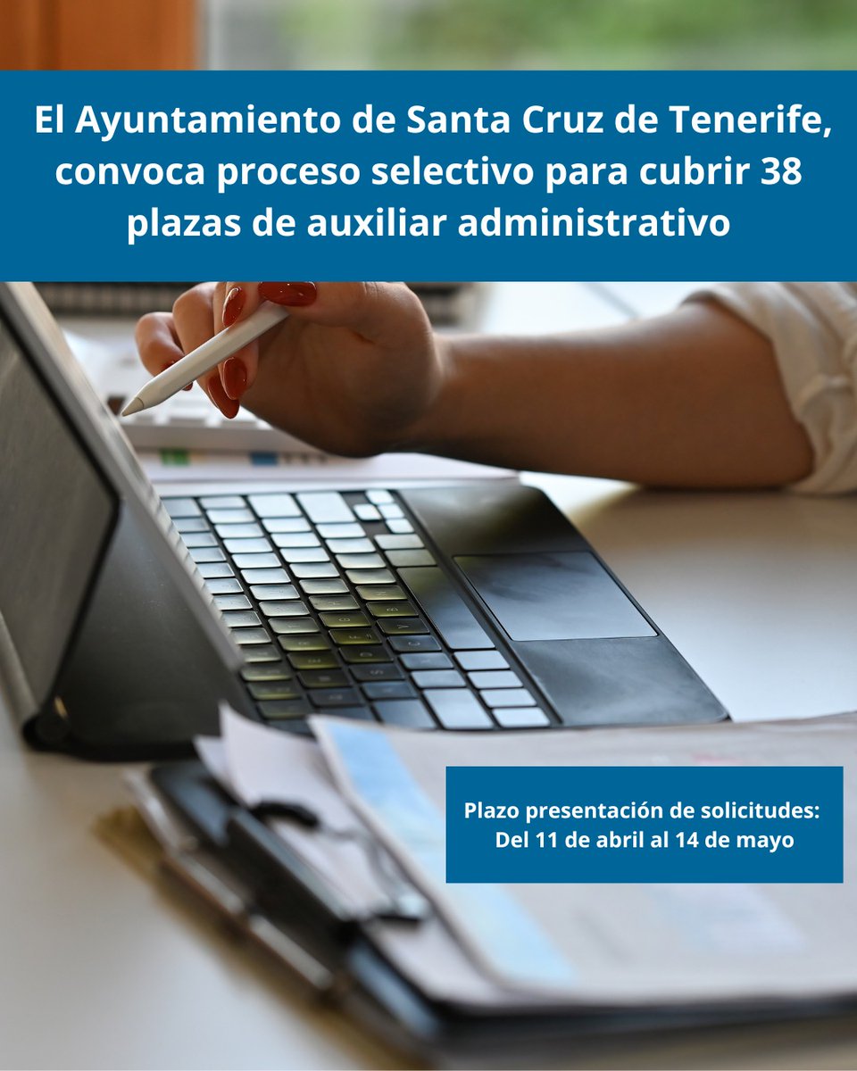 📢 El Ayuntamiento de S/C de Tenerife ha convocado un proceso selectivo para cubrir 38 plazas de Auxiliar Administrativo:

📅 Plazo de solicitud: del 11 de abril al 14 de mayo de 2025

Puedes ampliar información en  👉 tenerifejovenyeduca.com/cij/radar/auxi…

👉 ¡No dejes pasar esta oportunidad!