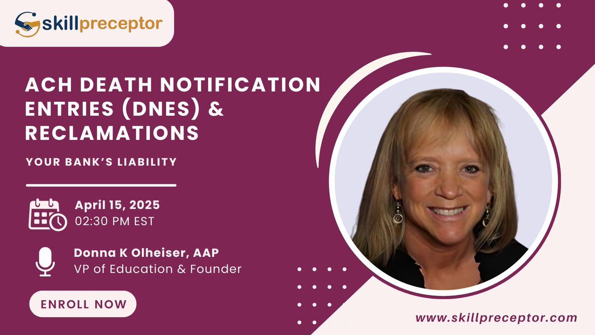 SkillPreceptor's tweet photo. Discover new ACH reclamation rules, email delivery updates, and mandatory ARPS responses in this quick webinar! 

🔗 Register now! [ https://t.co/yNtZK3npG3 ]

#Banking #Compliance #Finance #RegulatoryCompliance #ACHWebinar #Webinar #Business #Riskmanagement #Management #Twitter https://t.co/JLns8cHju7