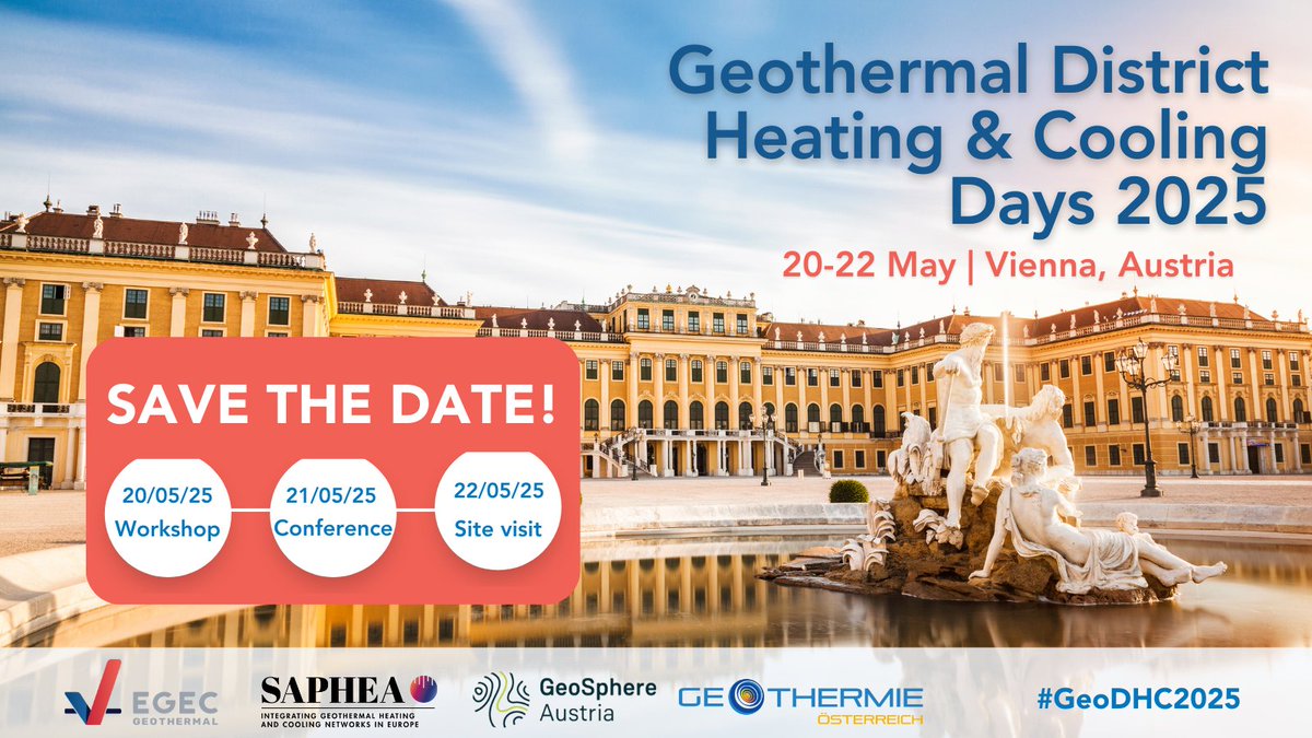 EGEC (@egec_geothermal) on Twitter photo 📢 Only 40 days left until #GeoDHC2025 in Vienna!
Join us for a workshop, full-day conference, networking dinner & site visits — all focused on boosting #geothermal heating & cooling in Europe.
Organised by <a href="/EGEC_geothermal/">EGEC</a> , <a href="/GTOE_Geothermie/">Geothermie Österreich</a> , <a href="/GeoSphere_AT/">geosphere.at</a> & <a href="/SAPHEA_EU/">SAPHEA</a> , 📢 Only 40 days left until #GeoDHC2025 in Vienna!
Join us for a workshop, full-day conference, networking dinner & site visits — all focused on boosting #geothermal heating & cooling in Europe.
Organised by <a href="/EGEC_geothermal/">EGEC</a> , <a href="/GTOE_Geothermie/">Geothermie Österreich</a> , <a href="/GeoSphere_AT/">geosphere.at</a> & <a href="/SAPHEA_EU/">SAPHEA</a> ,