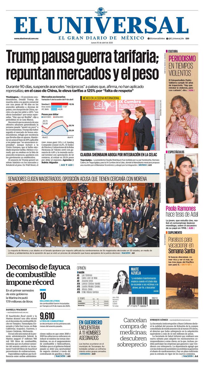 sergiofimbres's tweet photo. 📰 Toman sólo 2 al día tours del Tren Maya
📰 Trump pausa guerra tarifaria; repuntan mercados y el peso
📰 Trump pausa su guerra; castiga aún más a China
📰 Anuncia Trump pausa de 90 días enlos aranceles recíprocos
#Portadas #PrimerasPlanas #EnPortadas #FelizJueves https://t.co/rHTSmtimzY